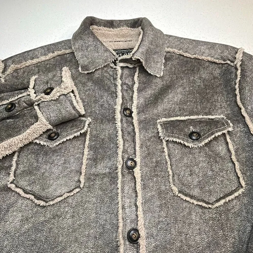 True Grit Mens Medium Sherpa Lined Shirt Jacket Gray Faux Leather Button Front S